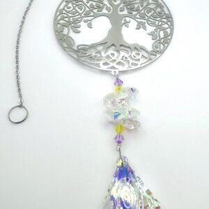 Silver Tree of Life Iridescent Crystal Prism Suncatcher Window Sun Hanging New